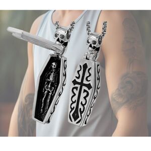 Skeleton in a 2.4" CASKET  OPENS  20" Stainless Steel Chain Men Women Teens